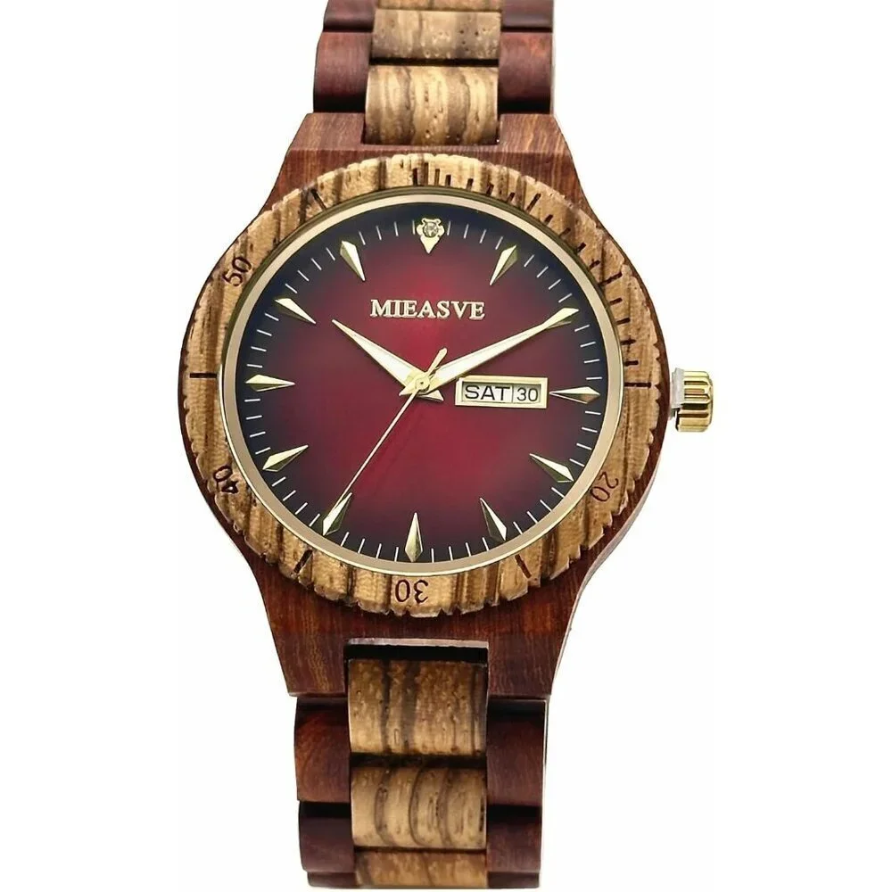 Men's Red Wooden Quartz Japanese Movement Calendar Display 42 Mm Watches